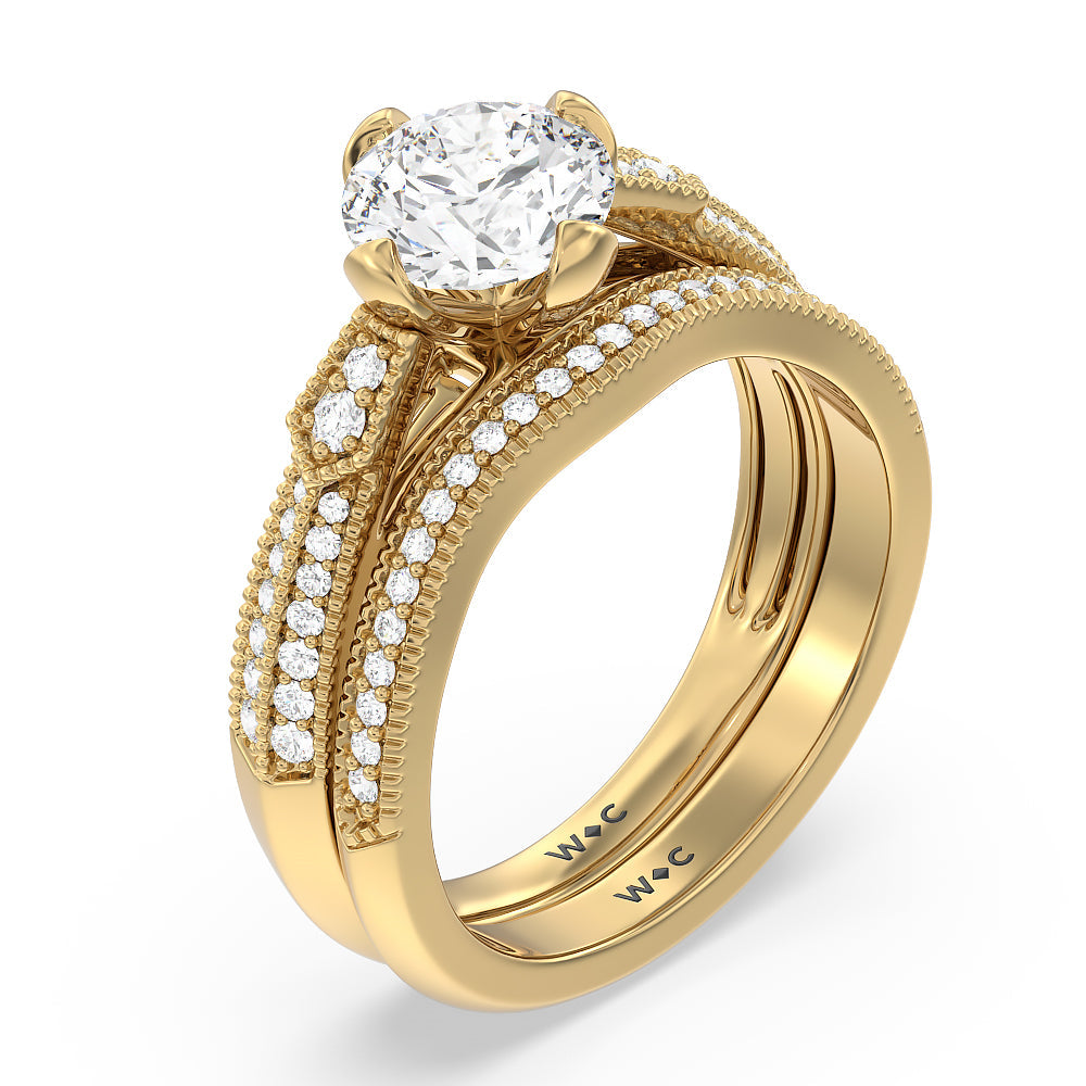 Vintage Knife Edge Fancy Diamond Wedding Band with 18KT Yellow Gold Cut Diamond in 14KT Yellow Gold view 3
