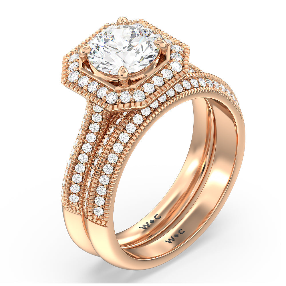 Vintage Octagon Halo Knife Edge Diamond Wedding Band with 18KT Rose Gold Cut Diamond in 14KT Rose Gold view 4
