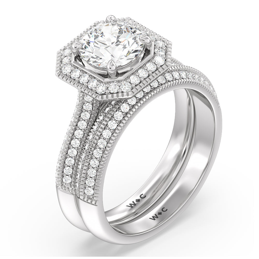 Vintage Octagon Halo Knife Edge Diamond Wedding Band with Platinum Cut Diamond in 14KT Platinum view 4
