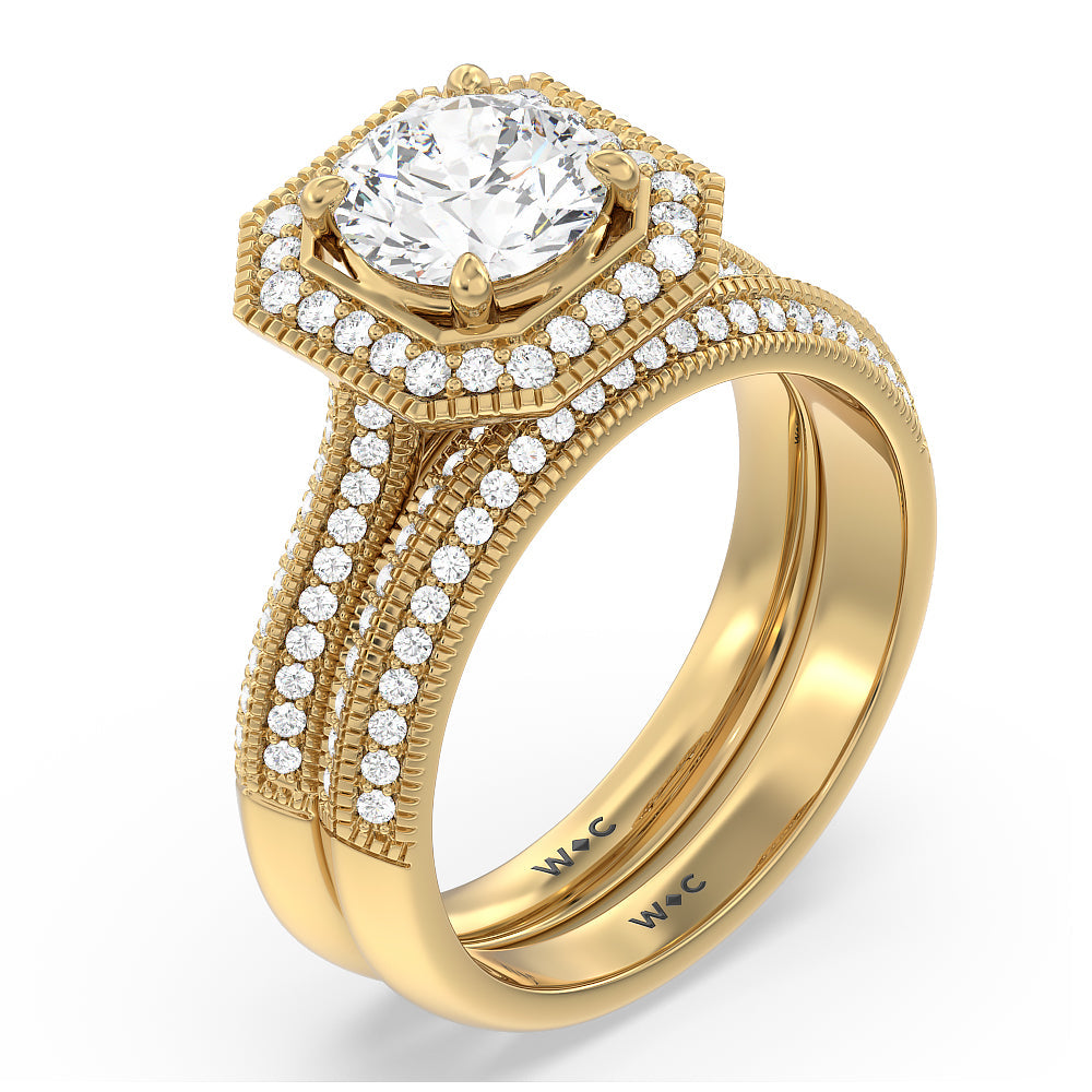 Vintage Octagon Halo Knife Edge Diamond Wedding Band with 18KT Yellow Gold Cut Diamond in 14KT Yellow Gold view 4
