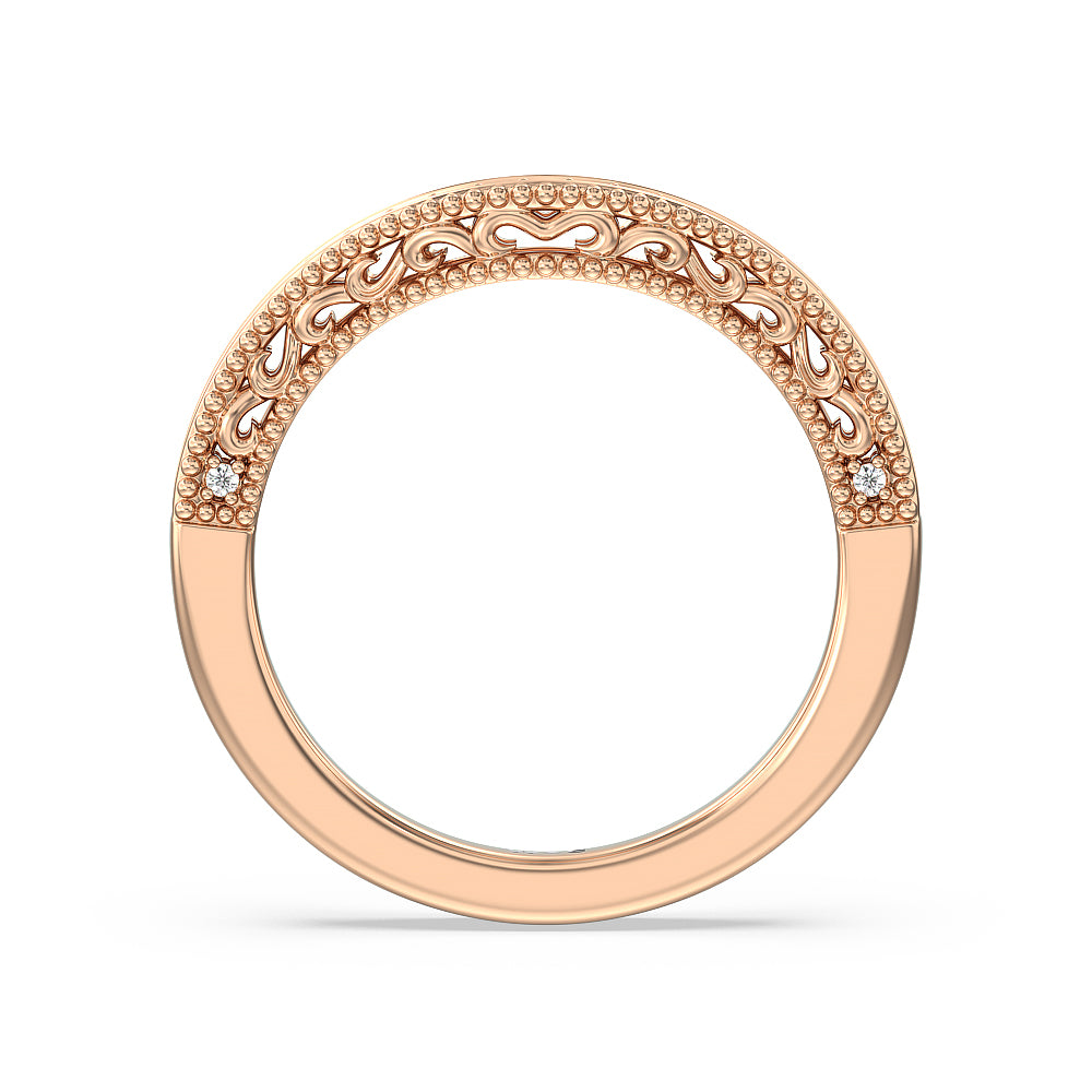 Vintage Grapevine Scroll 3 Stone Diamond Wedding Band with 18KT Rose Gold Cut Diamond in 14KT Rose Gold view 2
