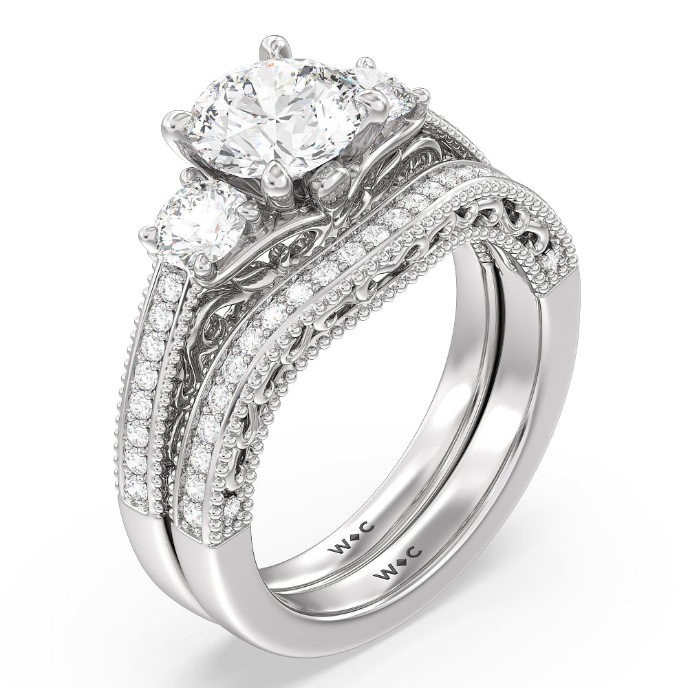 Vintage Grapevine Scroll 3 Stone Diamond Wedding Band with Platinum Cut Diamond in 14KT Platinum view 3
