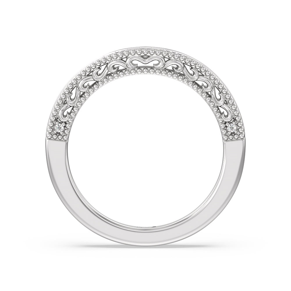 Vintage Grapevine Scroll 3 Stone Diamond Wedding Band with Platinum Cut Diamond in 14KT Platinum view 2
