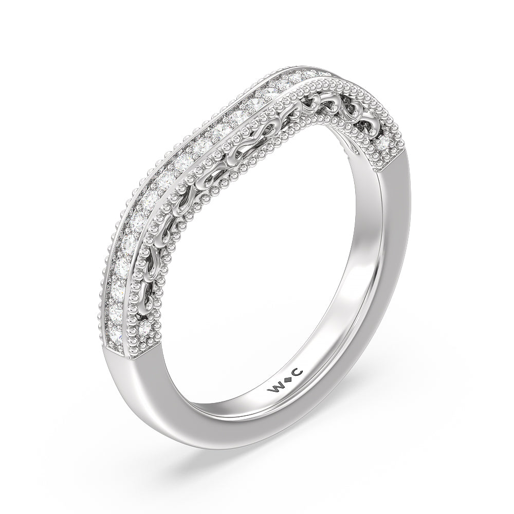 Vintage Grapevine Scroll 3 Stone Diamond Wedding Band with Platinum Cut Diamond in 14KT Platinum view 4
