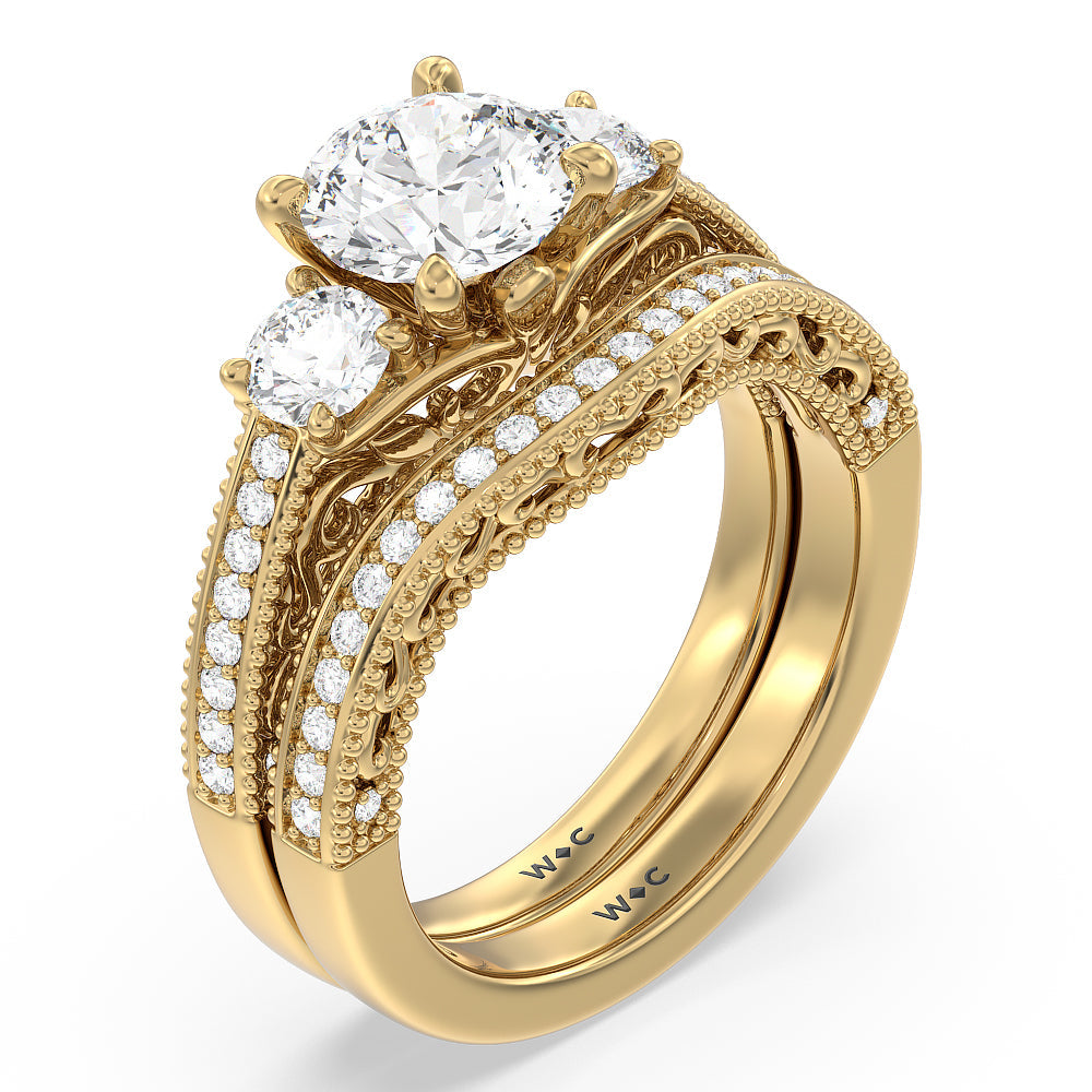 Vintage Grapevine Scroll 3 Stone Diamond Wedding Band with 18KT Yellow Gold Cut Diamond in 14KT Yellow Gold view 3
