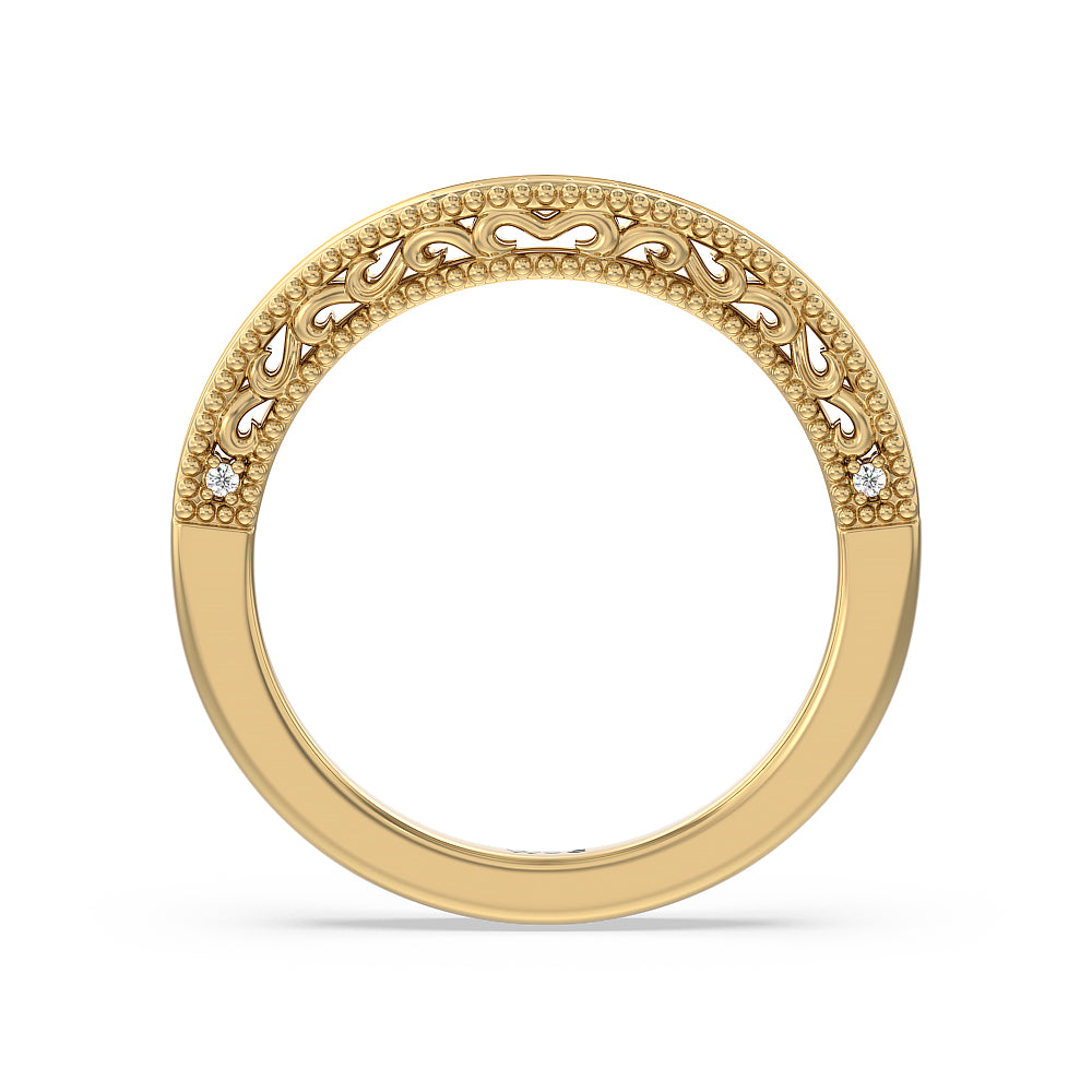 Vintage Grapevine Scroll 3 Stone Diamond Wedding Band with 18KT Yellow Gold Cut Diamond in 14KT Yellow Gold view 2
