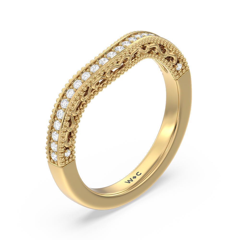 Vintage Grapevine Scroll 3 Stone Diamond Wedding Band with 18KT Yellow Gold Cut Diamond in 14KT Yellow Gold view 4
