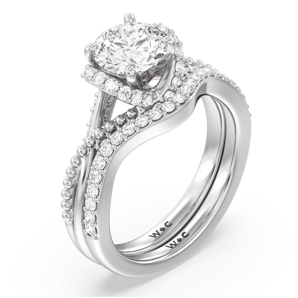 Vintage Glamour Ribbon Diamond Wedding Band with Platinum Cut Diamond in 14KT Platinum view 3
