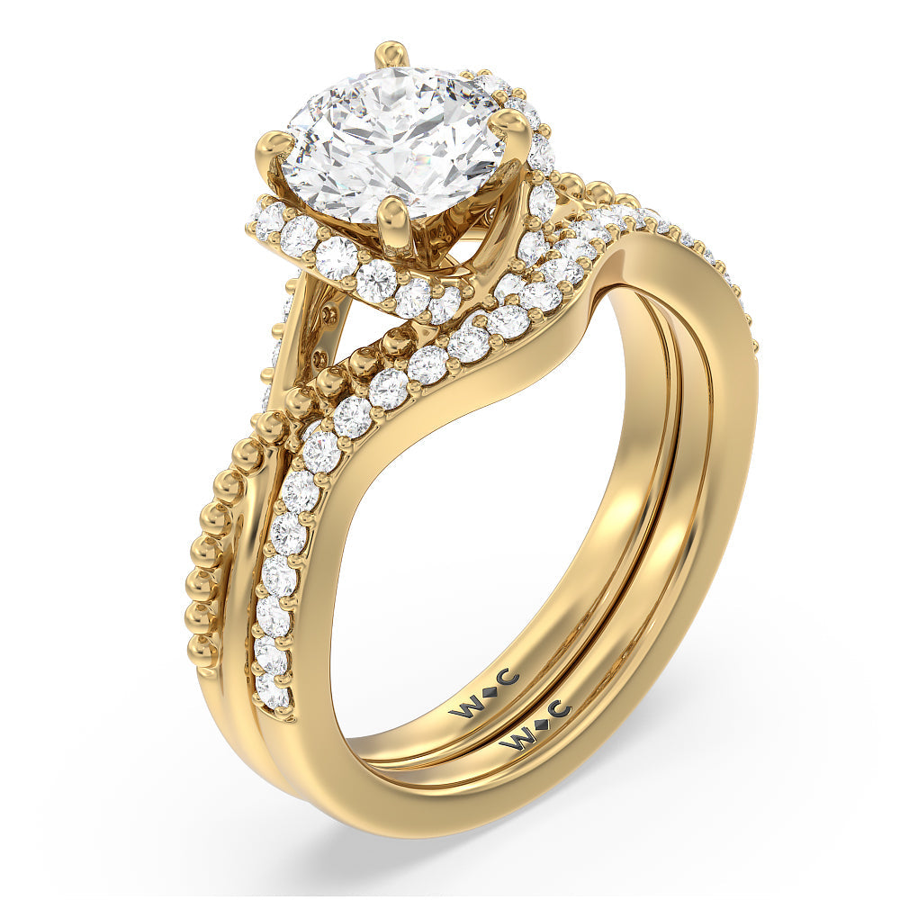Vintage Glamour Ribbon Diamond Wedding Band with 18KT Yellow Gold Cut Diamond in 14KT Yellow Gold view 3
