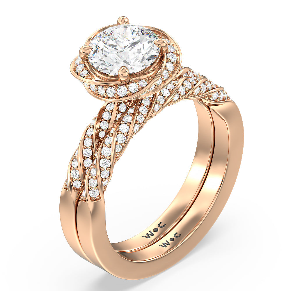 Vintage Floral Swirling Halo Diamond Wedding Band with 18KT Rose Gold Cut Diamond in 14KT Rose Gold view 3
