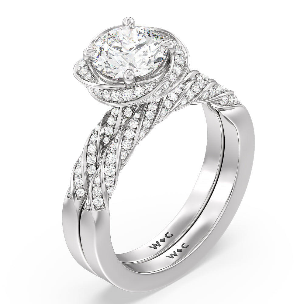 Vintage Floral Swirling Halo Diamond Wedding Band with Platinum Cut Diamond in 14KT Platinum view 3
