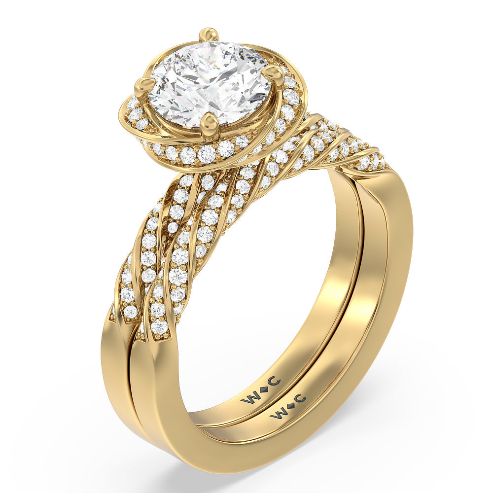 Vintage Floral Swirling Halo Diamond Wedding Band with 18KT Yellow Gold Cut Diamond in 14KT Yellow Gold view 3
