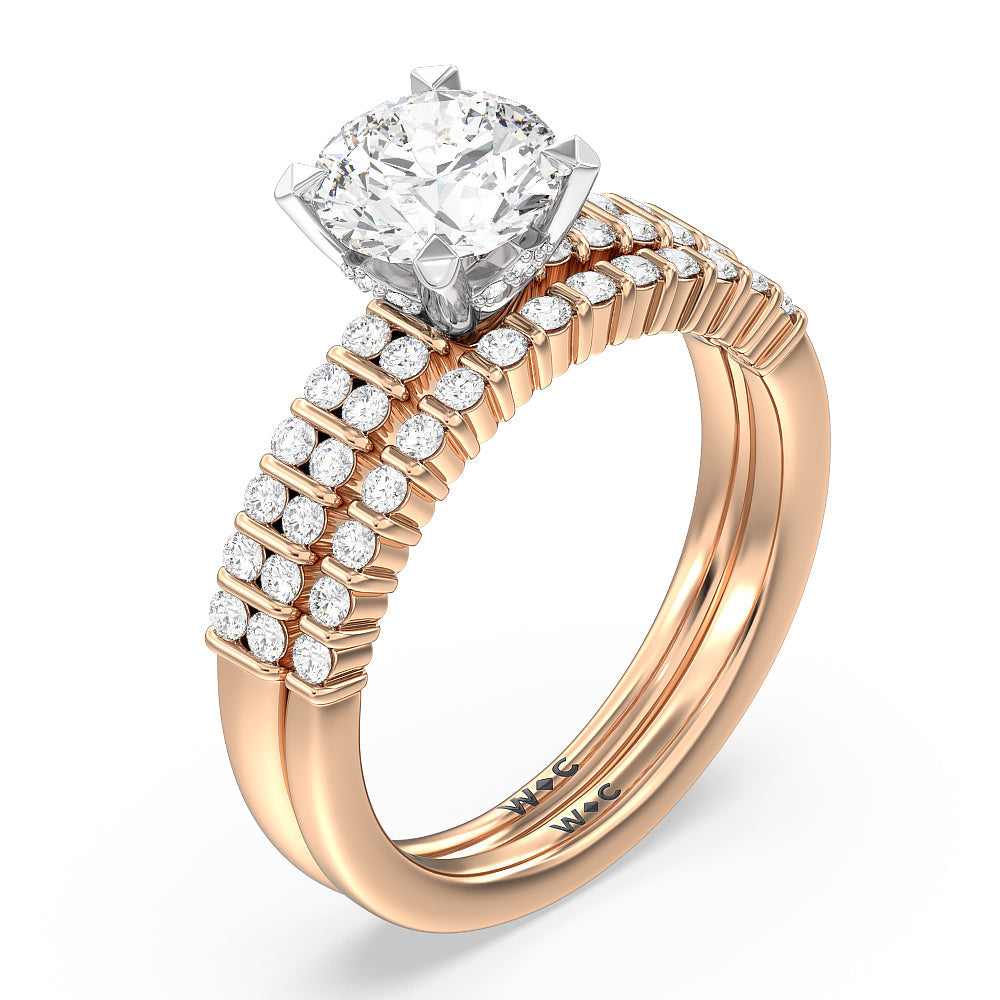 Double Row Diamond Hidden Halo Wedding Band with 18KT Rose Gold Cut Diamond in 14KT Rose Gold view 3
