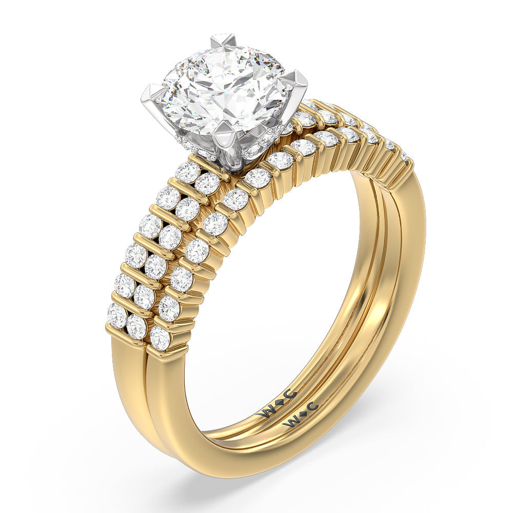 Double Row Diamond Hidden Halo Wedding Band with 18KT Yellow Gold Cut Diamond in 14KT Yellow Gold view 3

