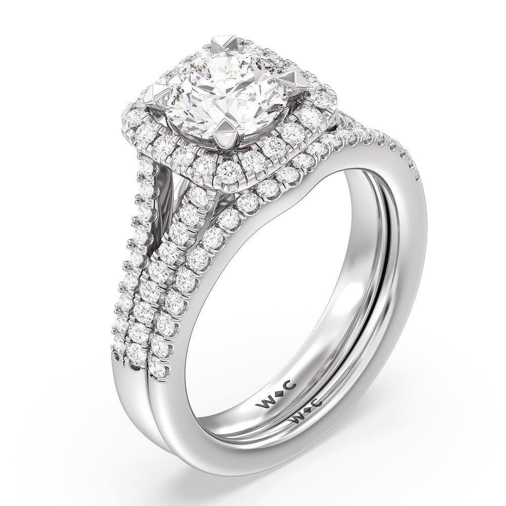 Split Shank Halo Diamond Shadow Wedding Band – With Clarity