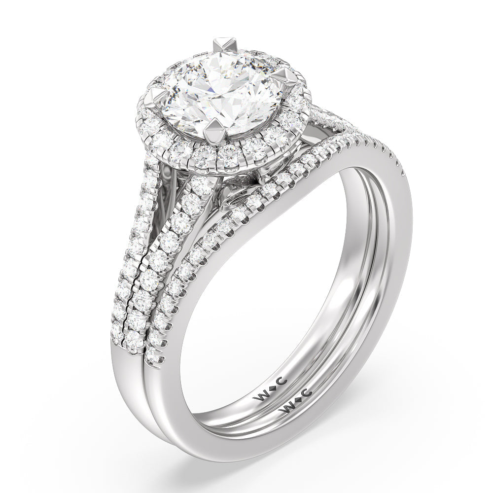 Split Shank Cathedral Halo Diamond Wedding Band with Platinum Cut Diamond in 14KT Platinum view 3
