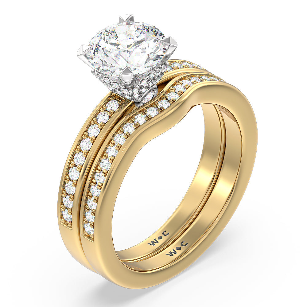 Hidden Accent Double Halo Diamond Wedding Band with 18KT Yellow Gold Cut Diamond in 14KT Yellow Gold view 3
