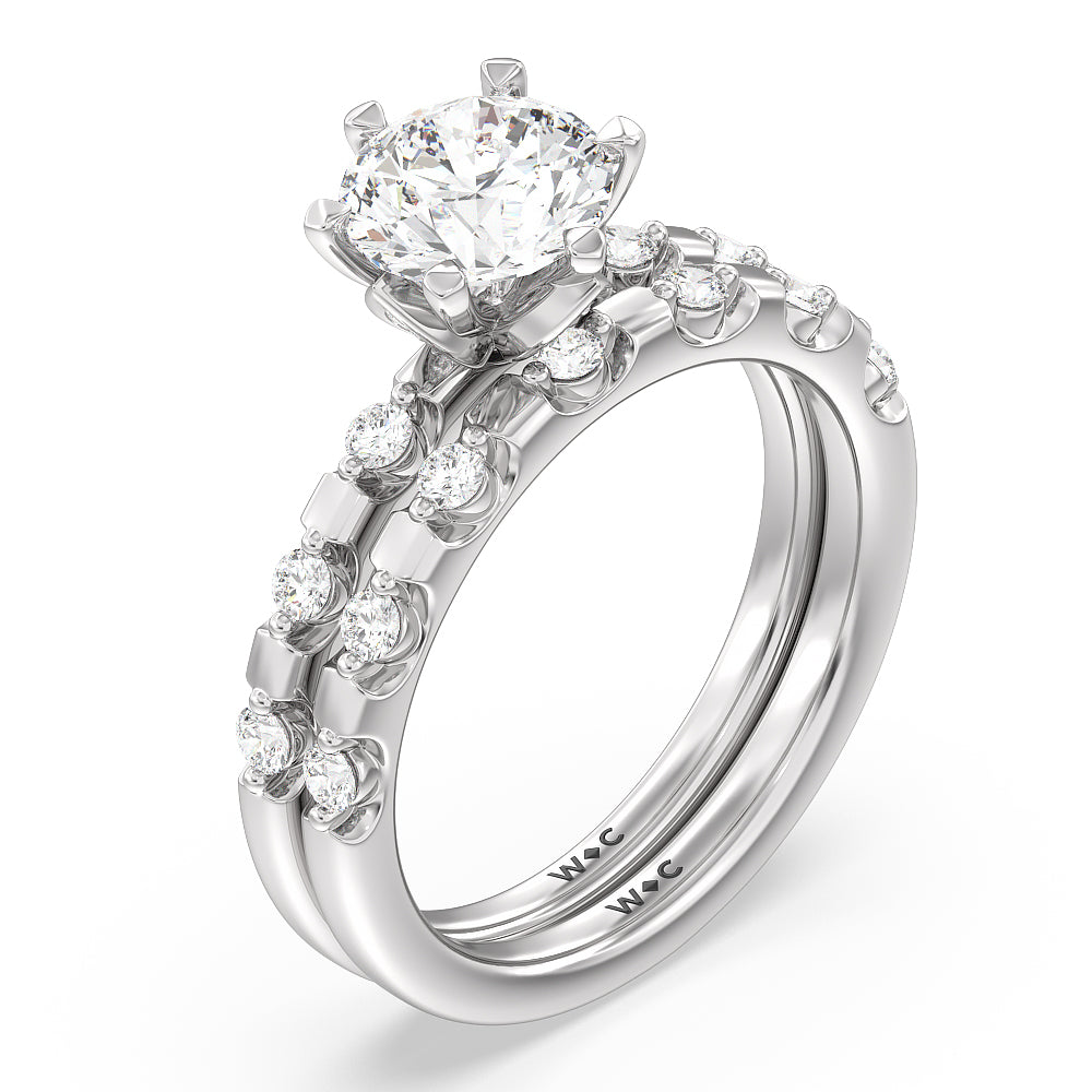 Petal 6 Claw Petal Hidden Accent Diamond Wedding Band with Platinum Cut Diamond in 14KT Platinum view 3
