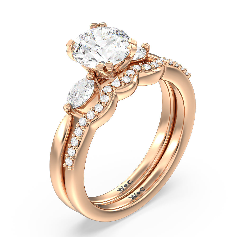 Fine Line Marquise Three Stone Engagement Ring with Heart Cut Diamond in 14KT Rose Gold view 6
