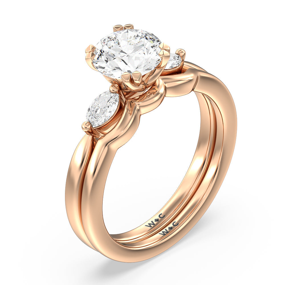 Fine Line Marquise Three Stone Wedding Band with 18KT Rose Gold Cut Diamond in 14KT Rose Gold view 3
