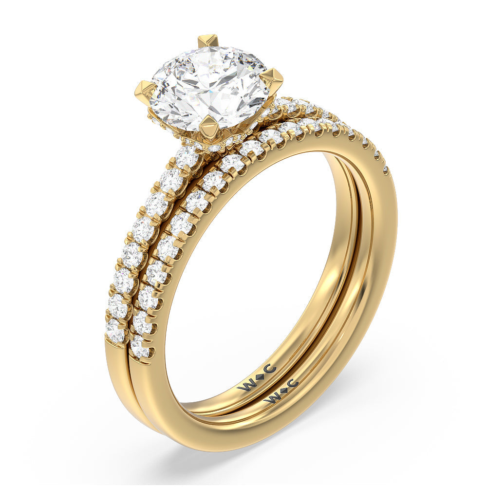 Petite Pave Chevron Hidden Halo Diamond Wedding Band with 18KT Yellow Gold Cut Diamond in 14KT Yellow Gold view 3

