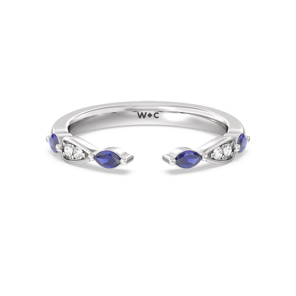 Gerbera Marquise Created Blue Sapphire and Diamond Wedding Band with Platinum Cut Diamond in 14KT Platinum view 1
