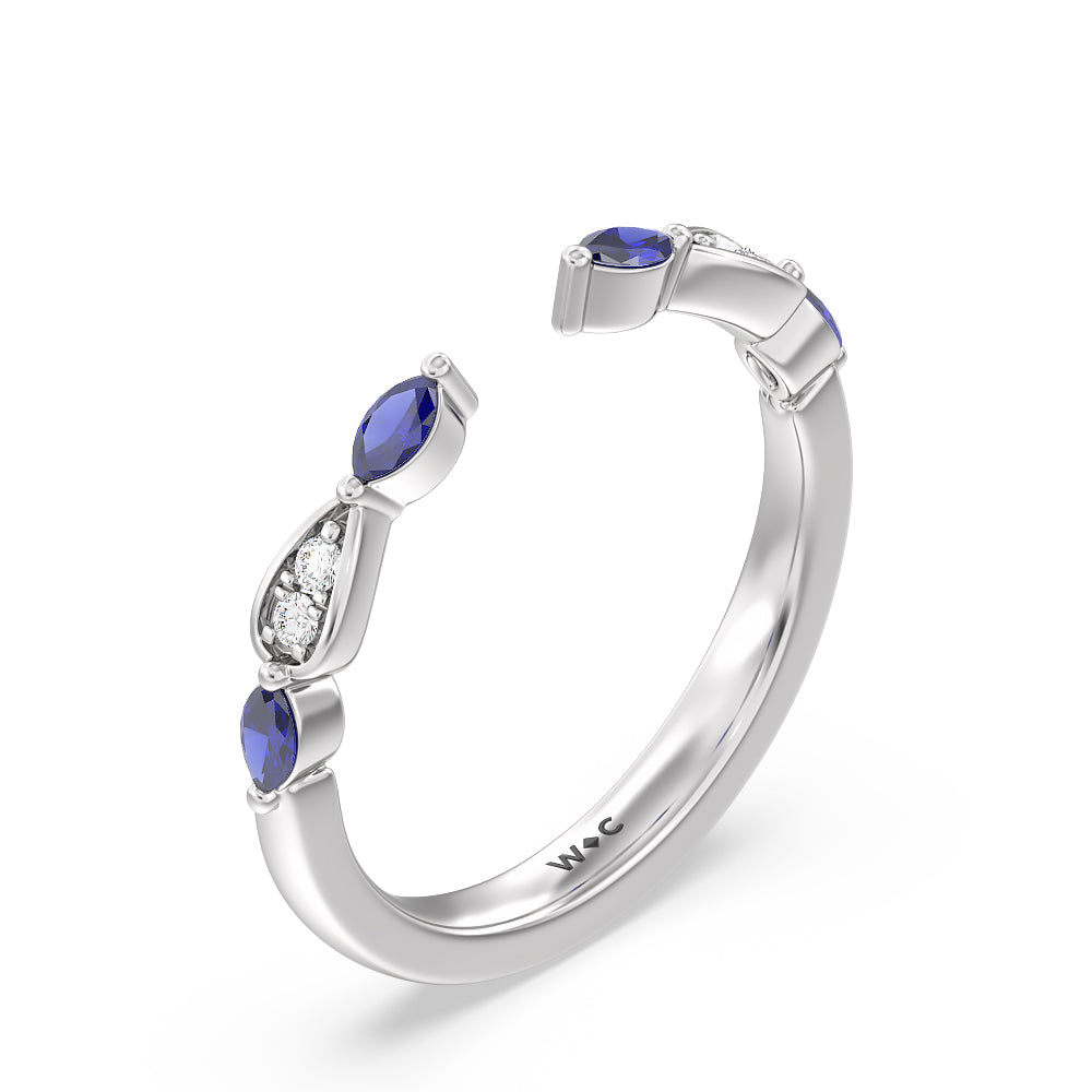 Gerbera Marquise Created Blue Sapphire and Diamond Wedding Band with Platinum Cut Diamond in 14KT Platinum view 4
