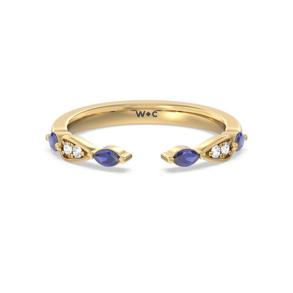 Gerbera Marquise Created Blue Sapphire and Diamond Wedding Band with 18KT Yellow Gold Cut Diamond in 14KT Yellow Gold view 1
