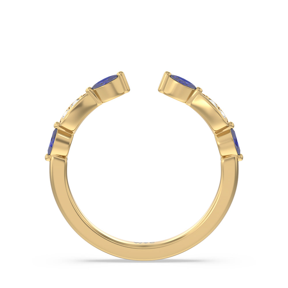 Gerbera Marquise Created Blue Sapphire and Diamond Wedding Band with 18KT Yellow Gold Cut Diamond in 14KT Yellow Gold view 2
