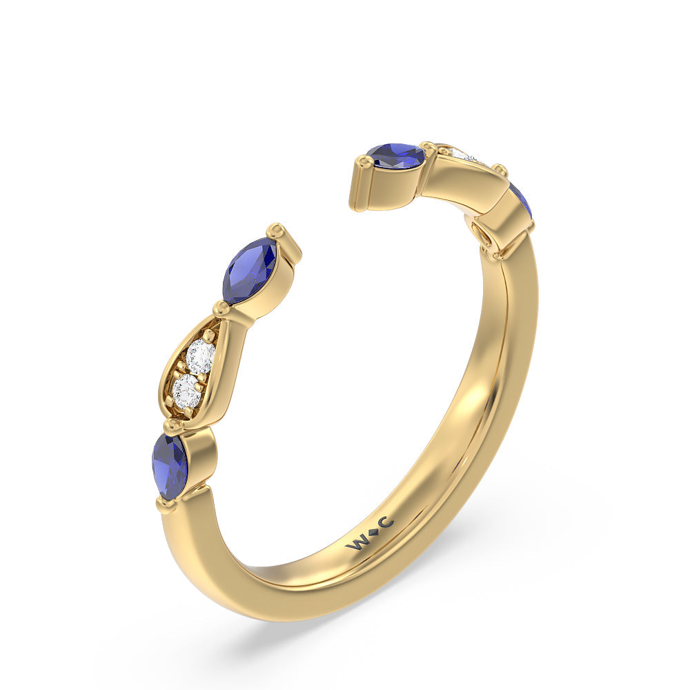 Gerbera Marquise Created Blue Sapphire and Diamond Wedding Band with 18KT Yellow Gold Cut Diamond in 14KT Yellow Gold view 4

