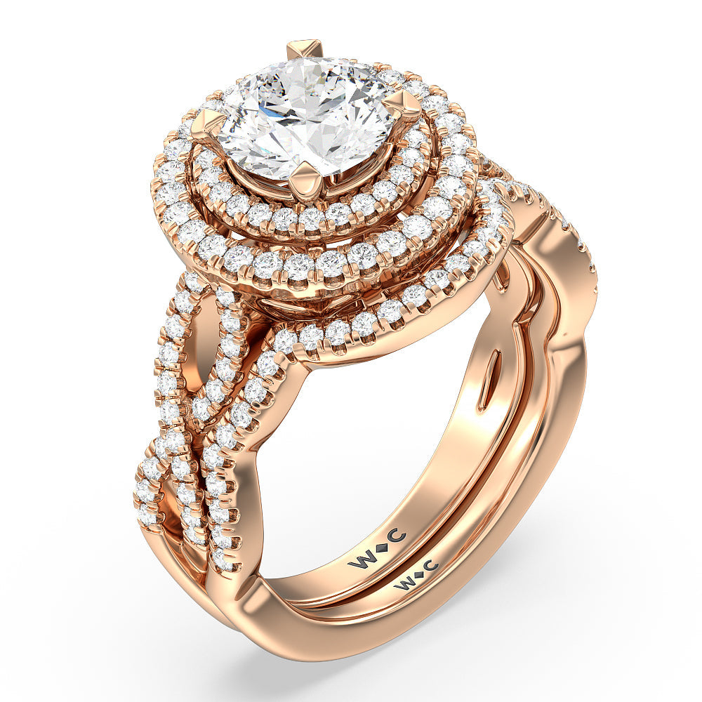 Double Halo Cross Diamond Wedding Band with 18KT Rose Gold Cut Diamond in 14KT Rose Gold view 3
