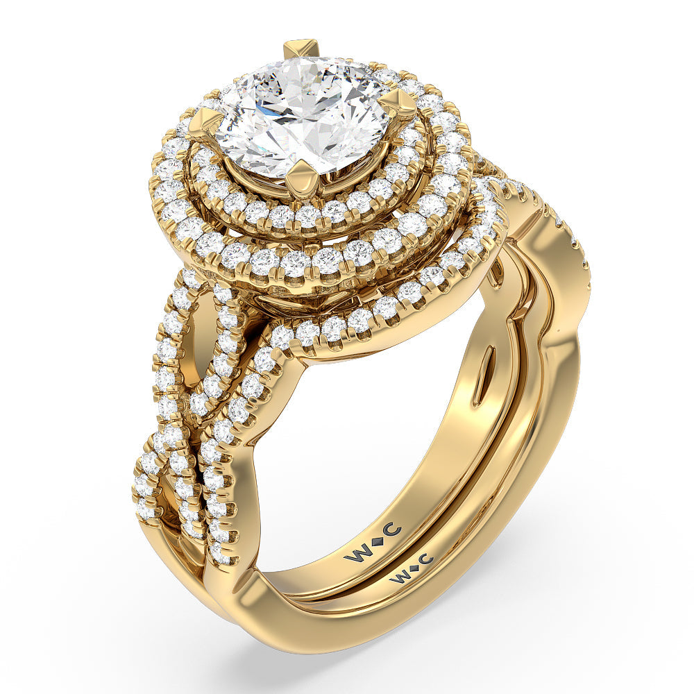 Double Halo Cross Diamond Wedding Band with 18KT Yellow Gold Cut Diamond in 14KT Yellow Gold view 3
