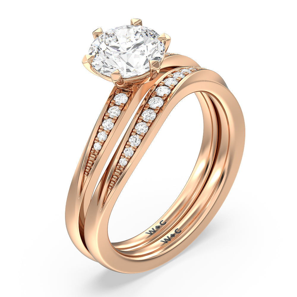 Six Prong Solitaire Wavy Diamond Shank Wedding Band with 18KT Rose Gold Cut Diamond in 14KT Rose Gold view 3
