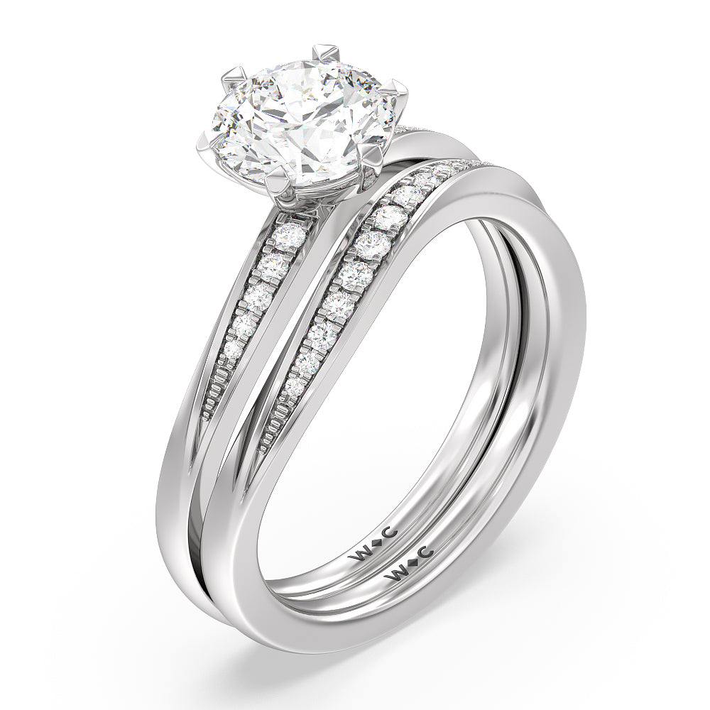 Six Prong Solitaire Wavy Diamond Shank Wedding Band with Platinum Cut Diamond in 14KT Platinum view 3
