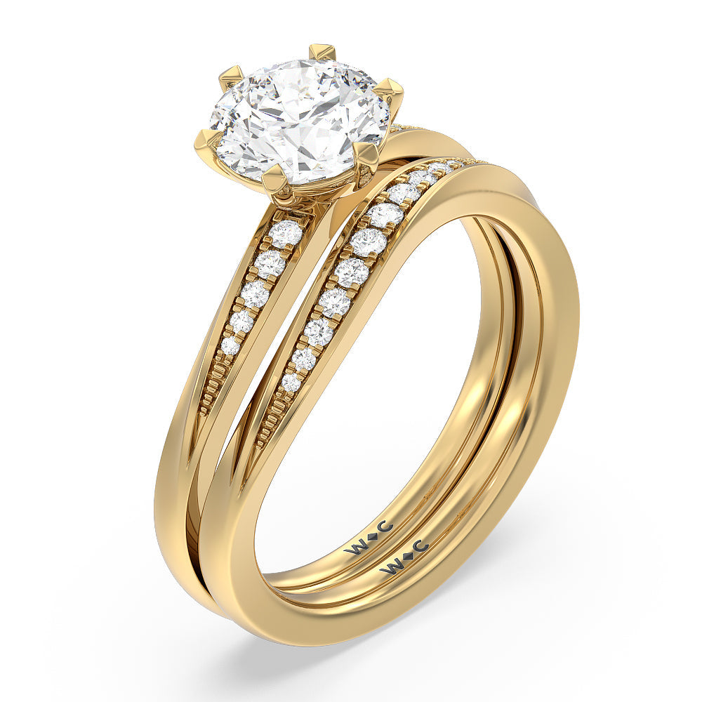 Six Prong Solitaire Wavy Diamond Shank Wedding Band with 18KT Yellow Gold Cut Diamond in 14KT Yellow Gold view 3
