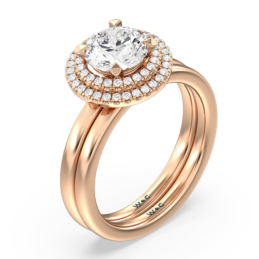 Saturn Double Halo Solitaire Wedding Band with 18KT Rose Gold Cut Diamond in 14KT Rose Gold view 3
