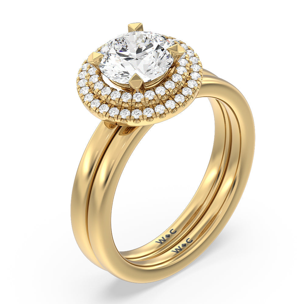 Saturn Double Halo Solitaire Wedding Band with 18KT Yellow Gold Cut Diamond in 14KT Yellow Gold view 3
