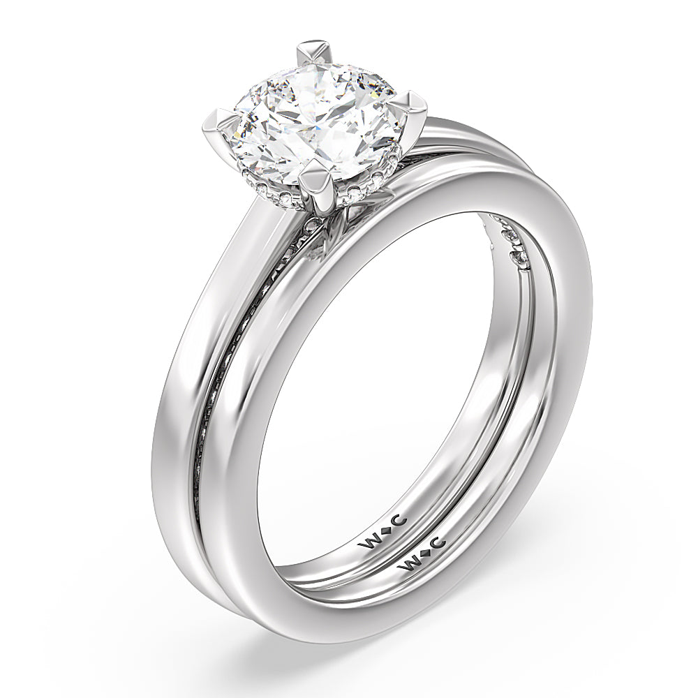 Aura Studded Crescent Shank Hidden Halo Solitaire Wedding Band with Platinum Cut Diamond in 14KT Platinum view 3

