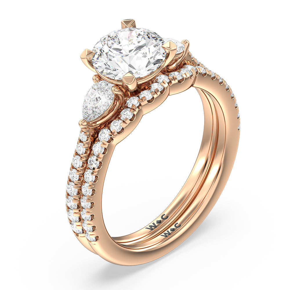 Pear Three Stone Pave Diamond Wedding Band with 18KT Rose Gold Cut Diamond in 14KT Rose Gold view 3

