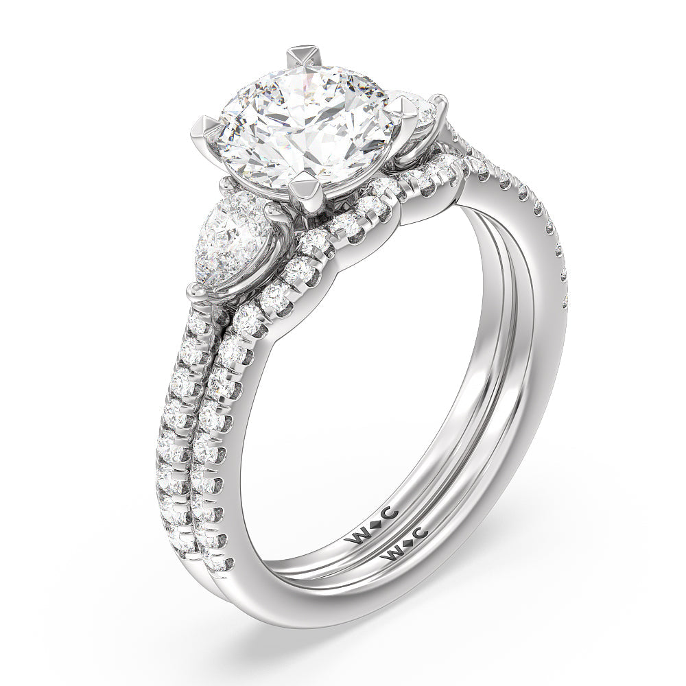 Pear Three Stone Pave Diamond Wedding Band with Platinum Cut Diamond in 14KT Platinum view 3
