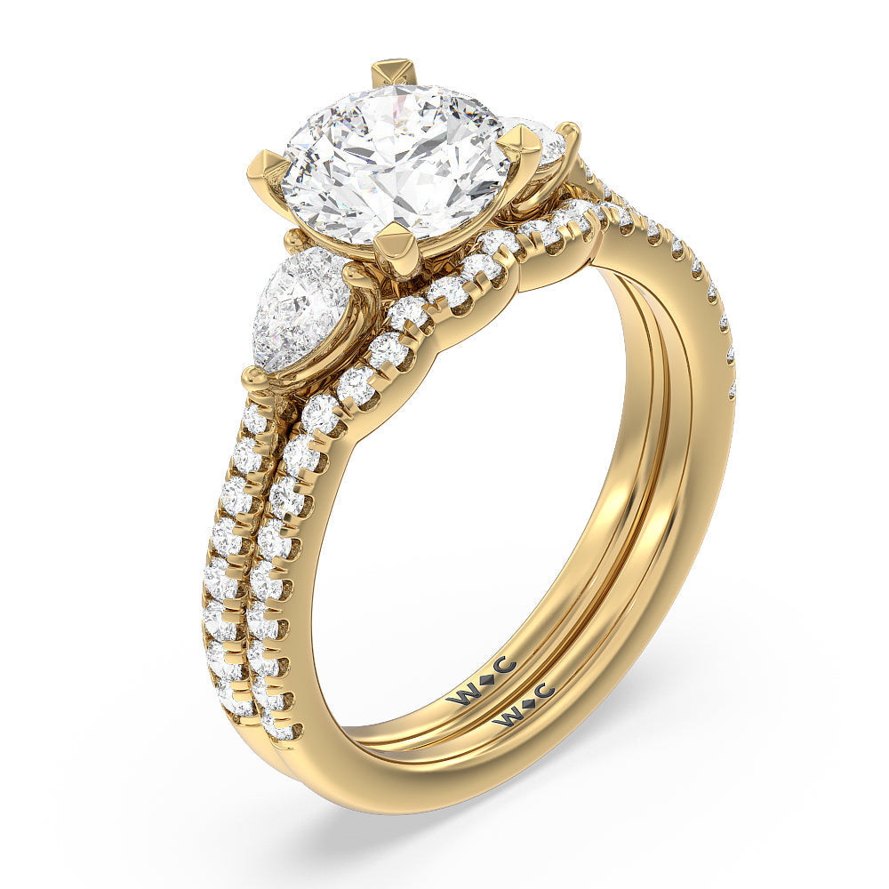 Pear Three Stone Pave Diamond Wedding Band with 18KT Yellow Gold Cut Diamond in 14KT Yellow Gold view 3
