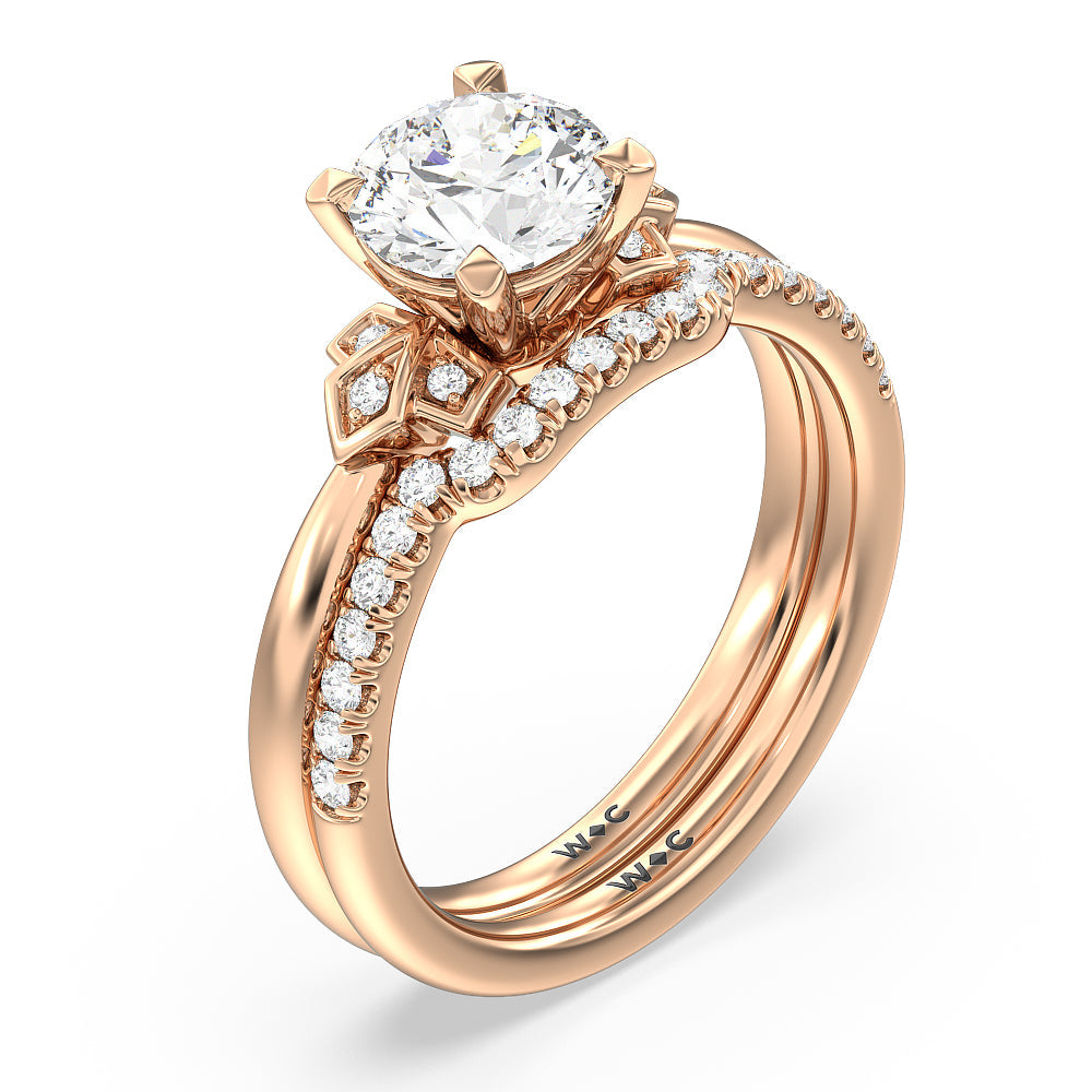 Kite Leaf Side Stone Diamond Wedding Band with 18KT Rose Gold Cut Diamond in 14KT Rose Gold view 3
