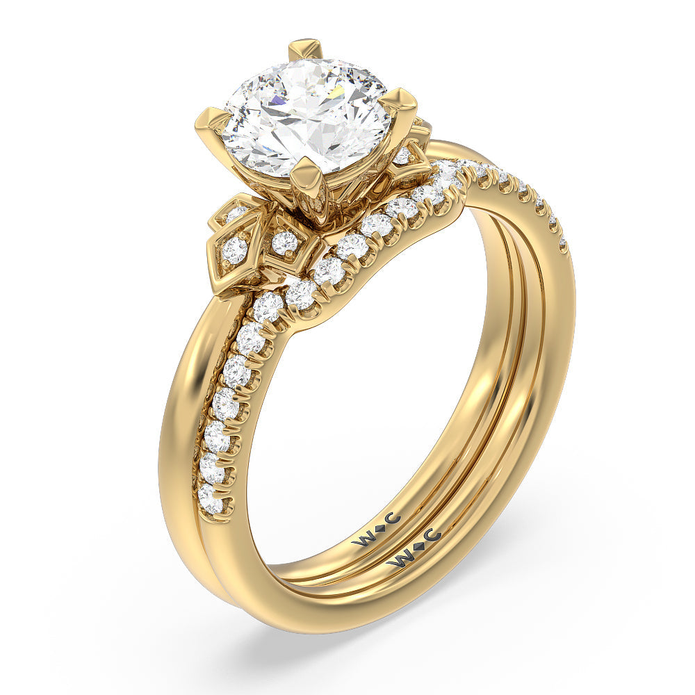 Kite Leaf Side Stone Diamond Wedding Band with 18KT Yellow Gold Cut Diamond in 14KT Yellow Gold view 3
