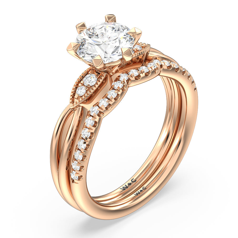 Vintage Six Prong Side Stone Diamond Wedding Band with 18KT Rose Gold Cut Diamond in 14KT Rose Gold view 3
