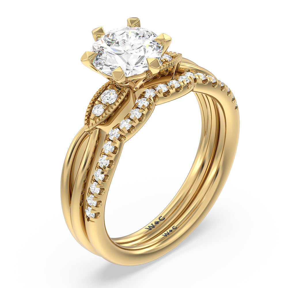 Vintage Six Prong Side Stone Diamond Wedding Band with 18KT Yellow Gold Cut Diamond in 14KT Yellow Gold view 3
