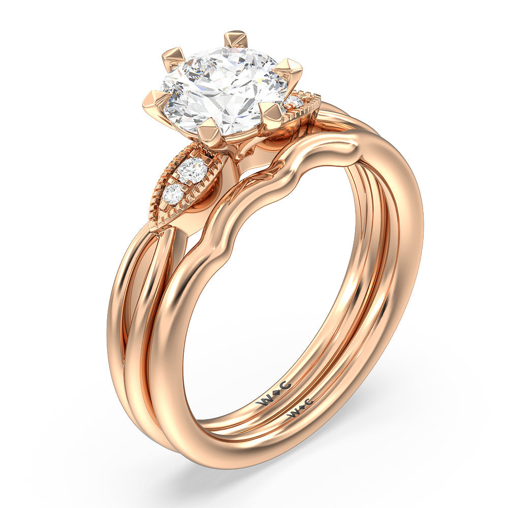 Vintage Six Prong Side Stone Wedding Band with 18KT Rose Gold Cut Diamond in 14KT Rose Gold view 3
