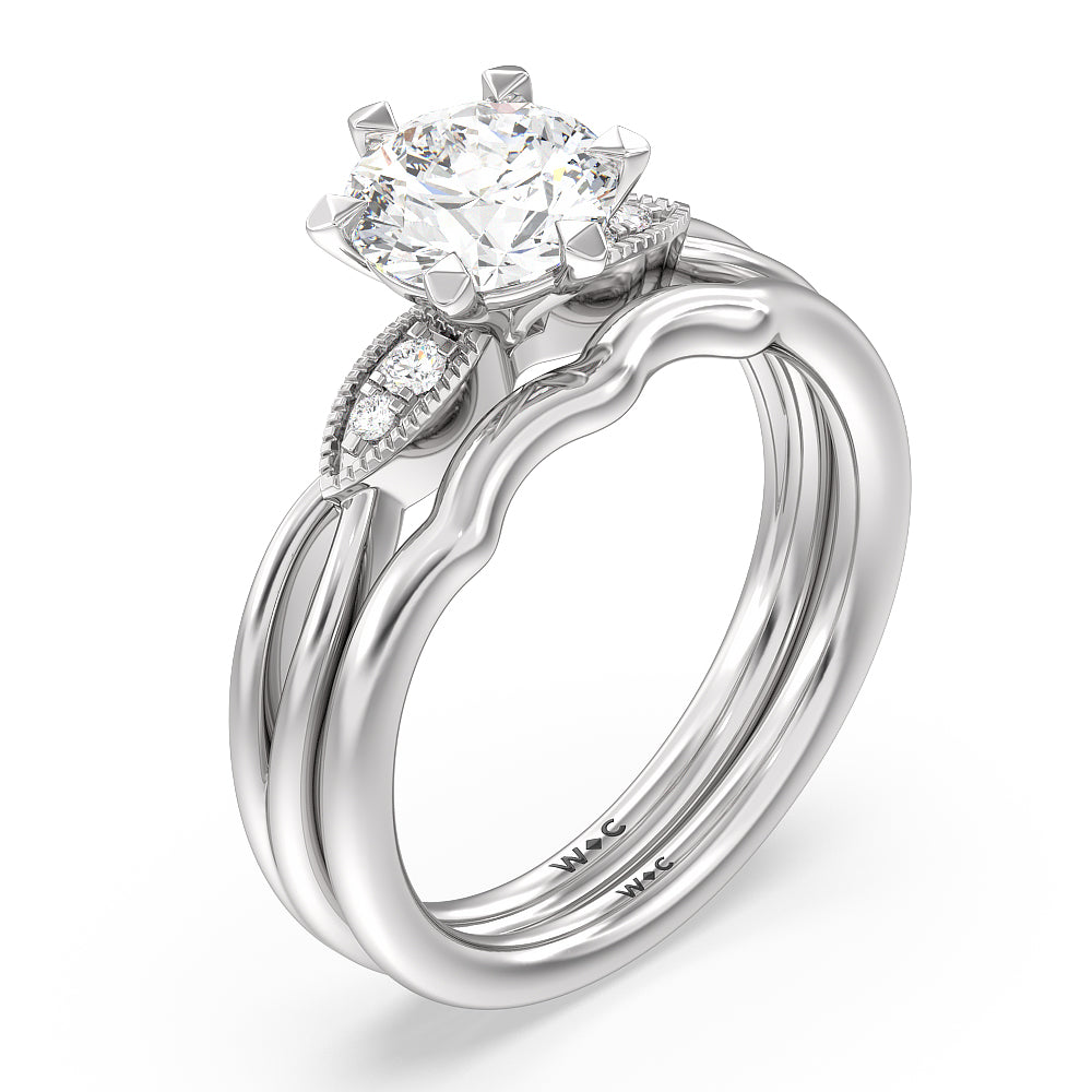 Vintage Six Prong Side Stone Wedding Band with Platinum Cut Diamond in 14KT Platinum view 3
