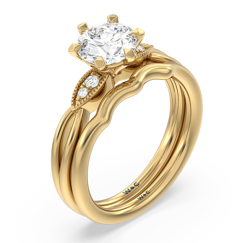 Vintage Six Prong Side Stone Wedding Band with 18KT Yellow Gold Cut Diamond in 14KT Yellow Gold view 3
