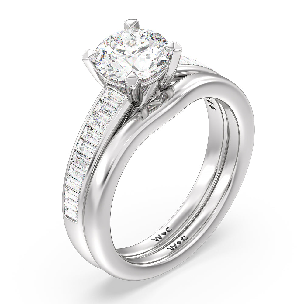 Elegant Channel Set Baguette Wedding Band with Platinum Cut Diamond in 14KT Platinum view 3
