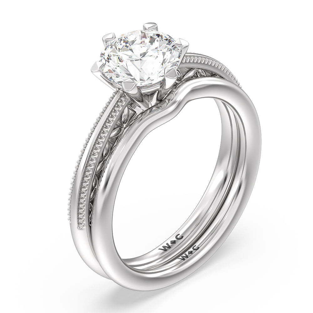 Milgrain Filigree Solitaire Wedding Band with Platinum Cut Diamond in 14KT Platinum view 3
